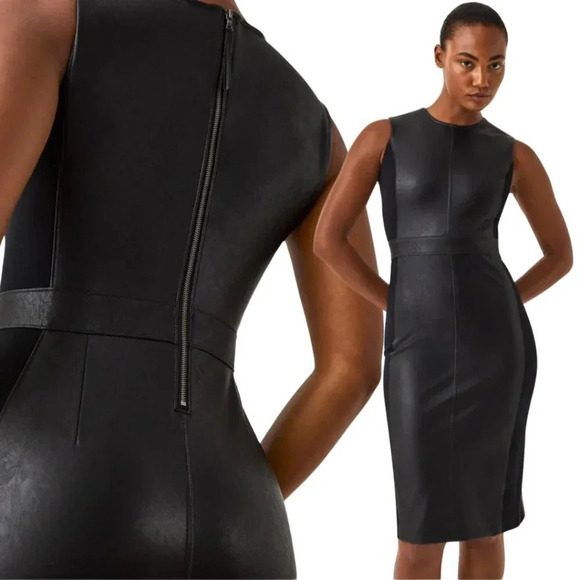 NWT Spanx Leather-Like Combo Fitted Sheath Dress Womens Medium Luxe Black 20393R - Picture 2 of 16